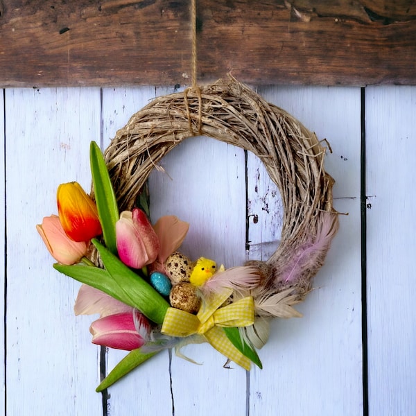 Elegant EASTER Wreath with Quail Eggs, Faux Tulips, and Feather Accents on a 20cm Willow Brown Base - Perfect Spring Home Decor, Easter Gift