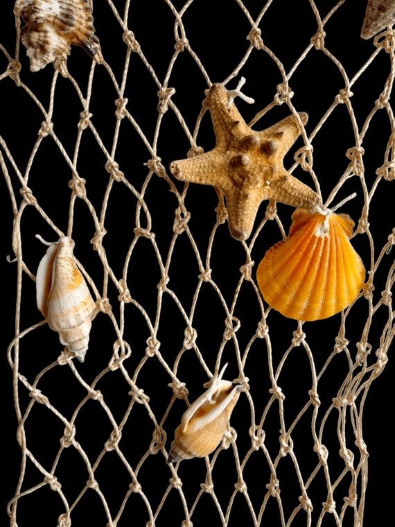 Hanging Fishing Net With Natural Sea Shells, Wooden Fish, Starfish