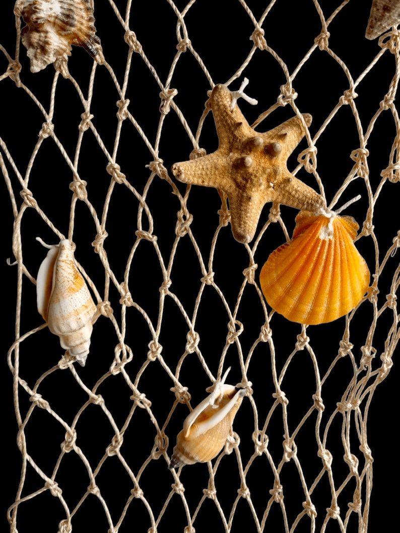 Hängande fisknät med naturliga snäckskal, träfisk, sjöstjärna väggdekor, marin gåva, nautisk heminredning, snäckkonst stranddekoration bild 2