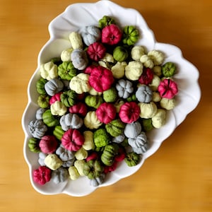 May include: A white, leaf-shaped dish filled with colourful, miniature pumpkins. The pumpkins are in shades of pink, green, grey, and yellow. The text "Fluff & Co" is at the bottom of the image.
