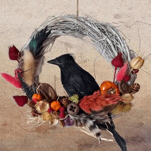 Peut inclure: Une couronne de brindilles d&eacute;cor&eacute;e de feuillage d'automne, y compris des baies rouges, des citrouilles orange et des fleurs s&eacute;ch&eacute;es, avec un corbeau noir perch&eacute; dessus. La couronne est suspendue &agrave; une ficelle et le texte "Fluff & Co" est visible en bas de l'image.