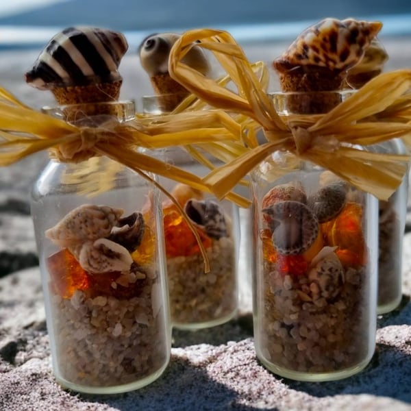 MINI BEACH in a BOTTLE - Coastal Decor Glass Bottle with Sand Shells Sea Glass and Amber, Beach Theme Home Decor and Gift Idea, Beach Scene