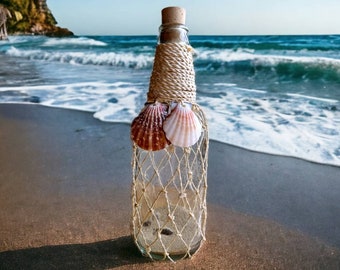 FLACON MESSAGE avec du sable et des mini coquillages, île déserte, décoration nautique de coquillages, oeuvre d'art de coquillages de plage, cadeau d'anniversaire pour la maison, faire-part