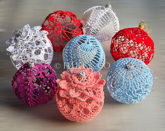Crochet Christmas Baubles Set of 6 Handmade 10cm