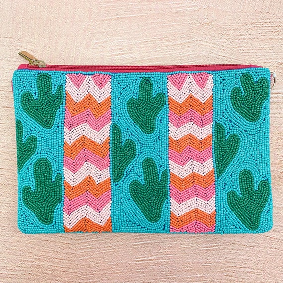 Teal and Pink Cactus Print Beaded Crossbody - image 1