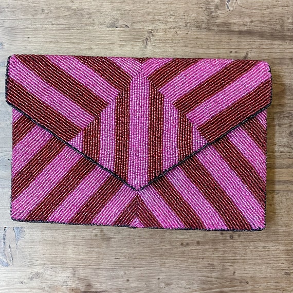 Red and Pink Striped Beaded Crossbody