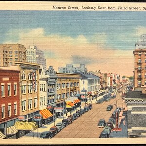 Monroe Street, Looking East from Third Street, Springfield, Ill. - Vintage 1930s Postcard - vintage Cars on Street - Great Parking Skills??