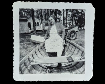 Black and White Photo of a Woman Sitting in a Canoe on Land - Dry Lander Hoping for Rain - Cottage Decor