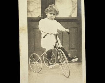 Real Photo Postcard (RPPC) Two year old Boy on a Bike January 9, 1916