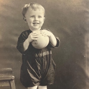 RPPC - Smiling Toddler Boy with a ball in 1910 - Vintage Real Photo Postcard - little boy with tiny feet