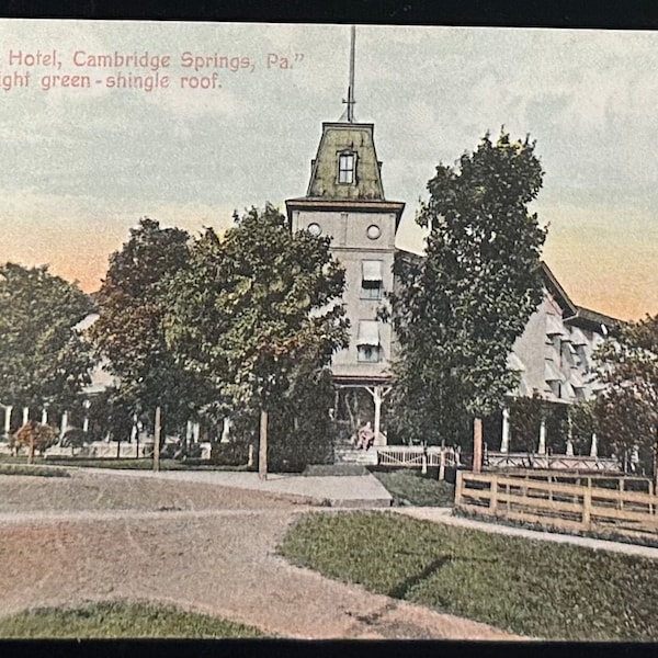 Riverside Hotel, Cambridge Springs, PA Light green- shingle roof- Vintage Postcard