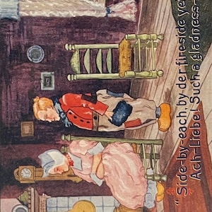 May include: Vintage illustration depicting a cozy fireside scene with two figures resting near a fireplace. The image features a warm color palette, a clock, and text that reads "Side-by-each, by der fireside yet! Ach-Liebe! Such a gladness-Aint idt!"