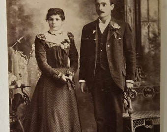 Edwardian Couple - Great Sepia Tone Photo - Victorian Details - Staged Photo with Faux Background 1880s - Real Sepia tone Photo - no smiling