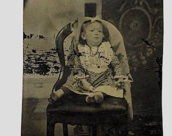 Tintype Photo of Victorian Toddler - Fancy Dress, Lots of Hair and Tiny Feet-