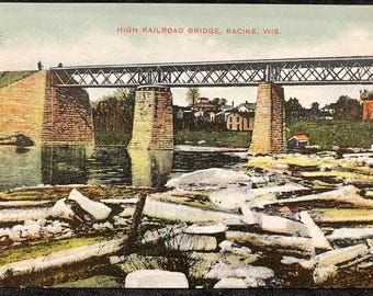High Railroad Bridge, Racine, Wis. - Postcard Made in Germany - Vintage 1909 Wisconsin Postcard - Ice From River Melt in Wisconsin