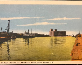 The Harbour, showing S. S. manitouin, Owen Sound, Ontario. - Vintage Postcard