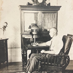 RPPC - Man Sits at his Desk Writing in early 1900s Living Room - Vintage 1910 Photo Postcard -