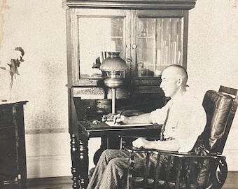 RPPC - Man Sits at his Desk Writing in early 1900s Living Room - Vintage 1910 Photo Postcard -