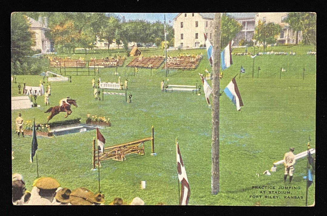 Practice Jumping at Stadium - Fort Riley, Kansas - 1940s Linen Postcard ...