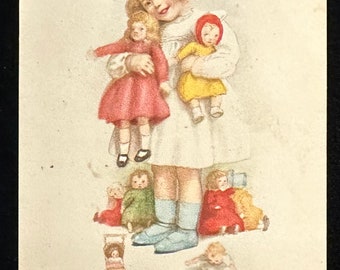 Santa Claus knows what to bring to little girls- Wishing you a Happy Xmas- Vintage Gibson Lines Postcard