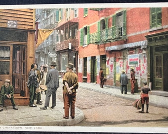 In Chinatown, New York - Great Picture on Vintage Postcard - Hand tinted Photo of Chinatown  in 1920