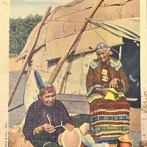 Native People Hand Sewing- Linen Postcard