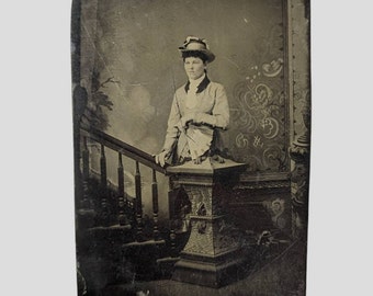 Victorian Tintype photo of a Woman Posing on the Stairs - Well Dressed Young Woman with 1870s decor in Tintype photo
