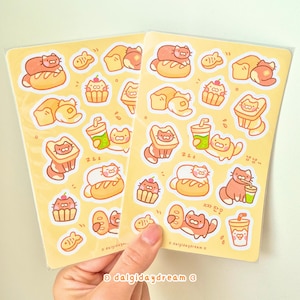 Cafe Cats 4" x 6" Stickers Sheet | Matcha Drink Bakery Desserts Themed | Waterproof UV Resistant Vinyl Cute Stationery