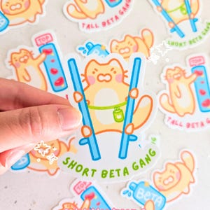 May include: A selection of cartoon cat stickers. One sticker shows an orange cat skiing with the text "SHORT BETA GANG". Other stickers feature cats with blue ski poles and the text "TALL BETA GANG". Additional stickers show cats with blue water bottles.