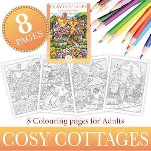 以下が含まれることがあります： 居心地の良いコテージを描いた8ページの塗り絵セット。ページは白黒で、庭、花、その他の詳細なコテージのイラストが描かれています。塗り絵本の表紙には、わらぶき屋根のコテージのカラフルなイラストが描かれています。