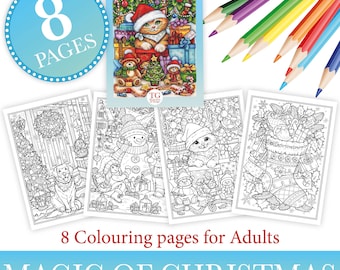 May include: A set of Christmas-themed adult coloring pages with a cover featuring a cat in a Santa hat. The set includes eight pages with various holiday illustrations, accompanied by a set of colored pencils. The text reads "MAGIC OF CHRISTMAS".