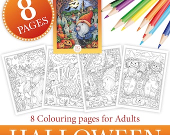 Könnte beinhalten: Ein Malbuch zum Thema Halloween mit 8 Seiten, das Illustrationen von Hexen, Zwergen und Kürbissen zeigt. Das Bild enthält ein Set Buntstifte und den Text "Halloween Colouring Pages" und "8 Pages".