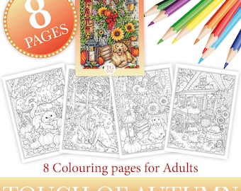 Könnte beinhalten: Ein Satz von acht Malvorlagen mit Herbstmotiven wie Kürbissen, Sonnenblumen und einem Haus. Der Titel des Malbuches lautet "Touch of Autumn Coloring Pages".