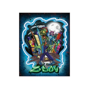 May include: A green zombie wearing headphones walks through a city at night. The city is made up of colourful buildings and the moon is visible in the sky. The text "ZBOY" is written in green at the bottom of the image.