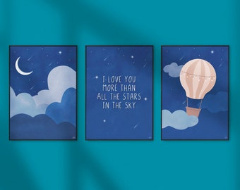 Set of 3 Illustrated Night Sky Prints | MULTIBUY | Nursery Wall Art | Bedroom Decor