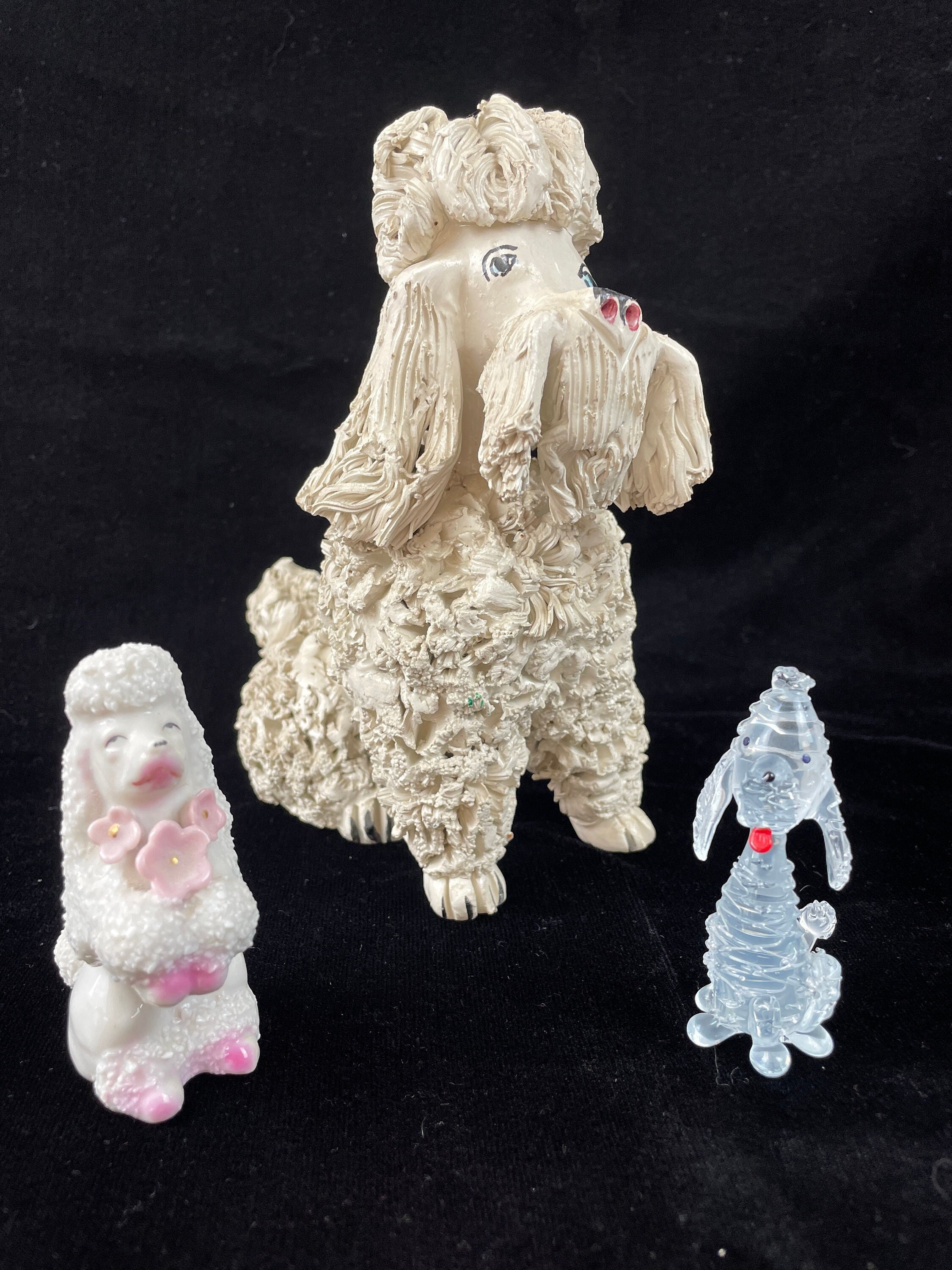 3 Poodle Figurines: 1970s Large Ceramic Spaghetti Poodle, Vintage Glass Poodle, Vintage White Ceramic Poodle made in Japan - Dog Figurine