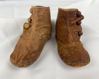 Turn of the Century Leather Baby Booties - Good Condition for Age