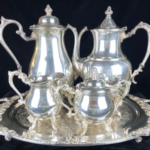 Sheridan Silver on Copper Tea Set & Tray Teapot Coffee Pot Sugar Creamer Silverplate