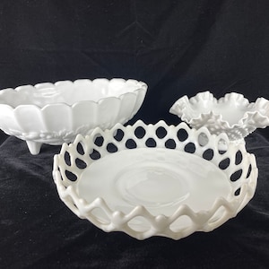 1950s Indiana Milk Glass Oval Bowl, Hobnail Ruffled Edge Centerpiece 3 Candle Holder Bowl & Westmoreland Doric Lace Pattern Serving Bowl