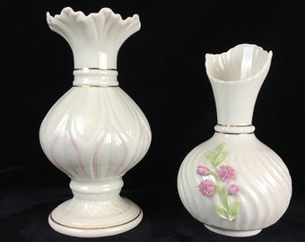Deux vases Belleek - Classique - Porcelaine - Parian China - Mint Condition - Irlande - Peint à la main - Fleurs - Nature