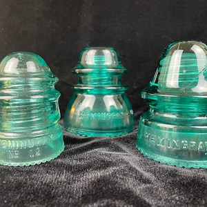 3 Vintage Hemingray Electric Insulators: #42, #19 & #12 Clear Blue Green Glass Cover Antique Paperweight