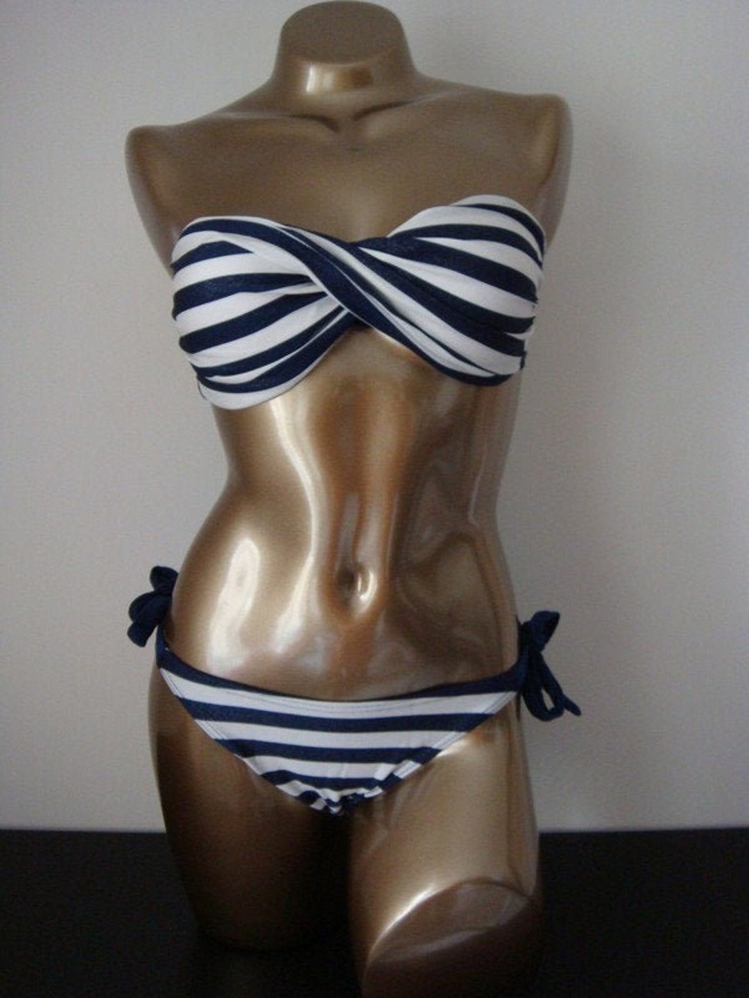 Swimsuit 2 Pieces Striped White Blue Sailor Bandeau Bikini Etsy