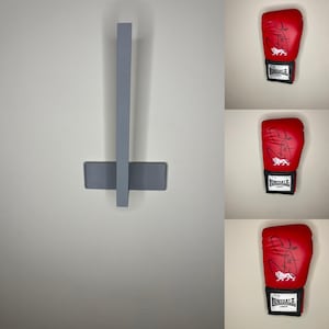 May include: Three red boxing gloves with white lettering and a lion logo. The gloves are signed with black ink.