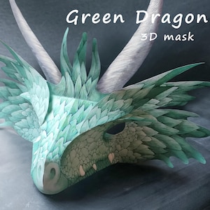 Máscara de papel de dragón verde 3D, actividad manual imprimible
