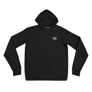 May include: Black hoodie with a hood and a front pocket. The text "Rad Dad." is embroidered in white on the upper chest. The hoodie has long sleeves and a drawstring hood.