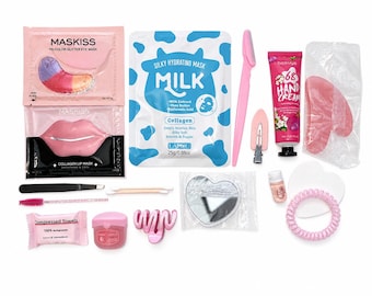 May include: A beauty care set including a glitter eye mask, a collagen lip mask, a milk sheet mask, a pink facial razor, a hand cream tube, a pink gua sha tool, tweezers, a spoolie, cotton swabs, a heart-shaped mirror, a small bottle, and a hair coil.
