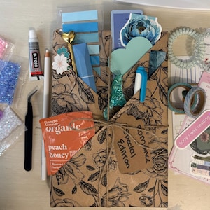 May include: A craft kit featuring a brown floral paper envelope tied with twine, containing a blue pen, a heart-topped pin, and a peach honey packet. Accessories include five small bags of colorful rhinestones, tweezers, glue, two hair coils, washi tape, stickers, and a reading log.