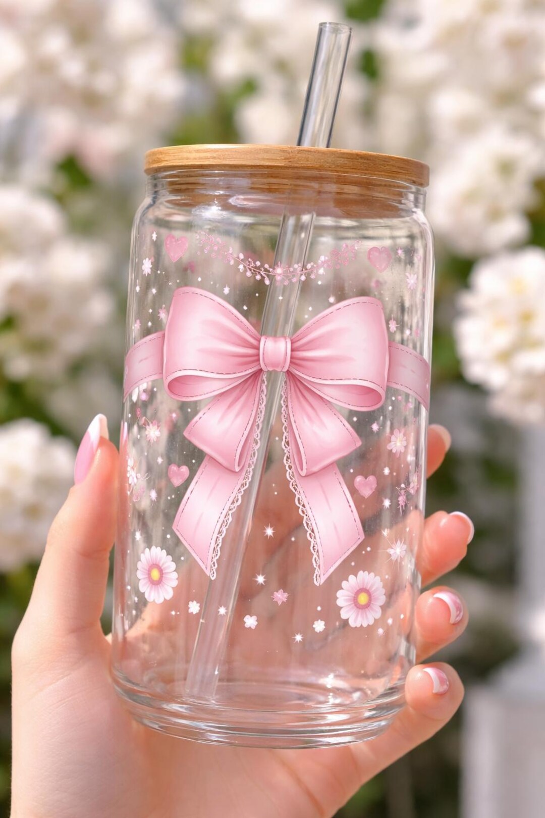 Coquette Pink Bow Glass | 16oz Can Glass | Daisy Ribbon Girly Aesthetic ...
