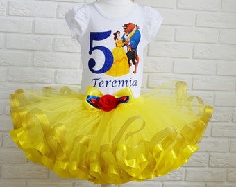 Yellow Princess Belle Birthday outfit, Beauty and the Beast birthday tutu set, Princesses Belle birthday party dress