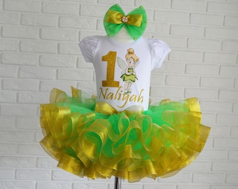 Tinkerbell Birthday tutu outfit, Fairy birthday set baby Tinker Bell 1st birthday party tutu costume